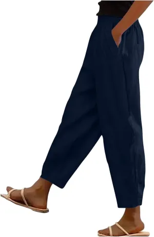 Cropped Linen Pants Women's Summer Elastic Waist Straight Leg Plus Size Crop Pants Casual Beach Trousers with Pockets