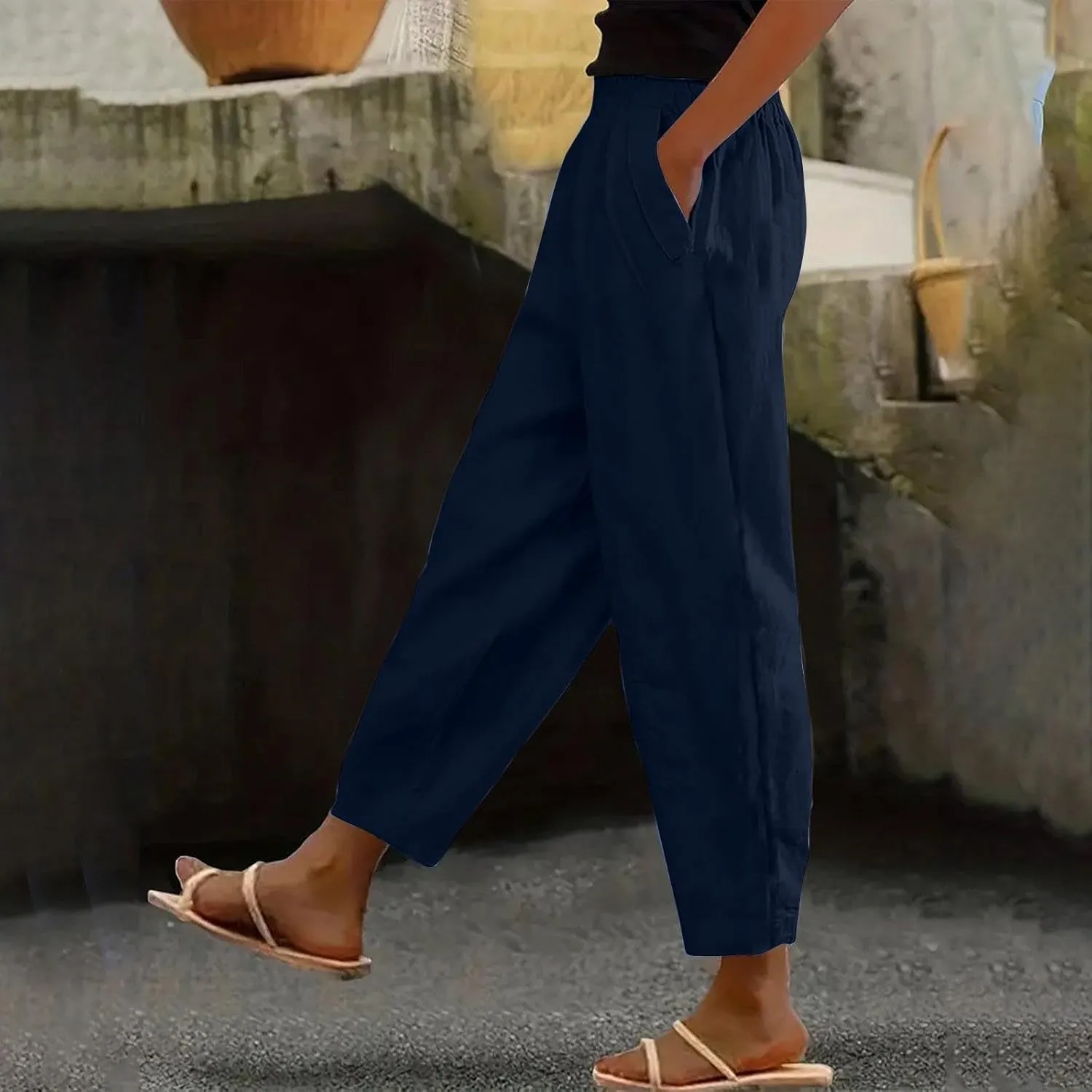 Cropped Linen Pants Women's Summer Elastic Waist Straight Leg Plus Size Crop Pants Casual Beach Trousers with Pockets