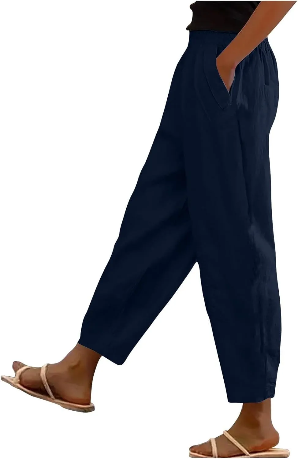 Cropped Linen Pants Women's Summer Elastic Waist Straight Leg Plus Size Crop Pants Casual Beach Trousers with Pockets
