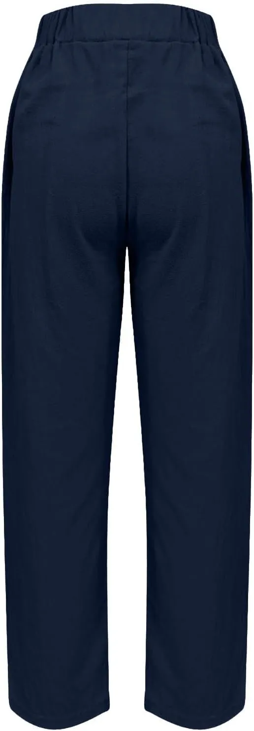 Cropped Linen Pants Women's Summer Elastic Waist Straight Leg Plus Size Crop Pants Casual Beach Trousers with Pockets