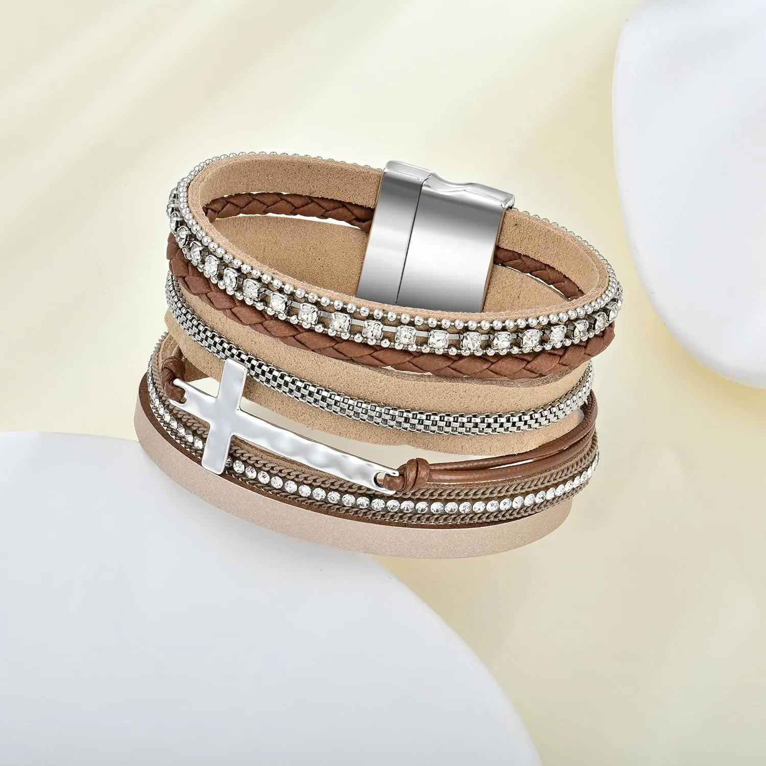 Cross Bracelets Leather Wrap Bracelets for Women Trendy Layered Clasp Bangle Cuff Stacked Bracelet Jewelry Birthday Christmas
