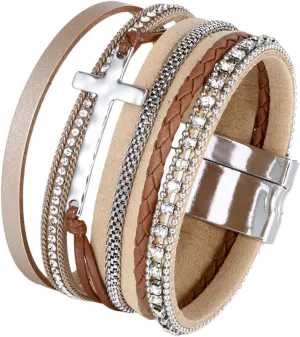 Cross Bracelets Leather Wrap Bracelets for Women Trendy Layered Clasp Bangle Cuff Stacked Bracelet Jewelry Birthday Christmas
