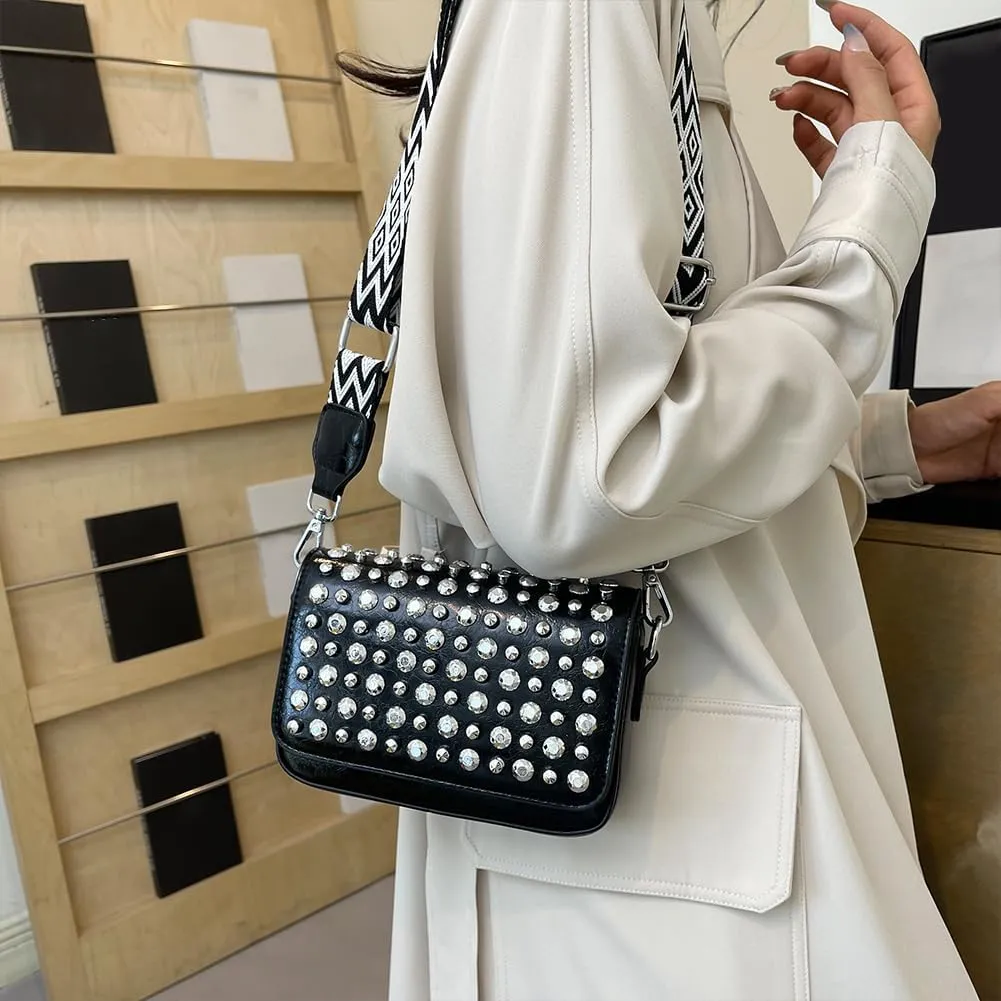 Crossbody Bag for Women With Adjustable Guitar Strap Handbag PU Leather Rivet Studded Satchel Purse Clutch Purse f