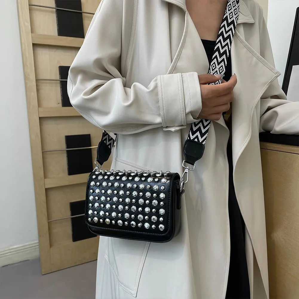 Crossbody Bag for Women With Adjustable Guitar Strap Handbag PU Leather Rivet Studded Satchel Purse Clutch Purse f
