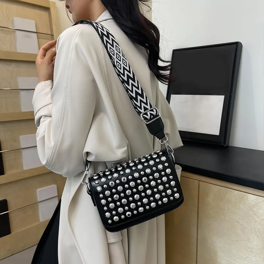 Crossbody Bag for Women With Adjustable Guitar Strap Handbag PU Leather Rivet Studded Satchel Purse Clutch Purse f