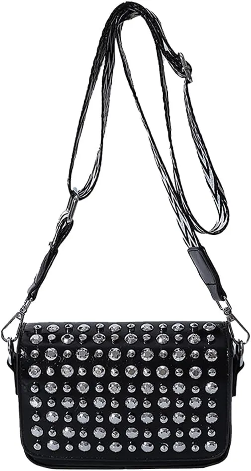 Crossbody Bag for Women With Adjustable Guitar Strap Handbag PU Leather Rivet Studded Satchel Purse Clutch Purse f