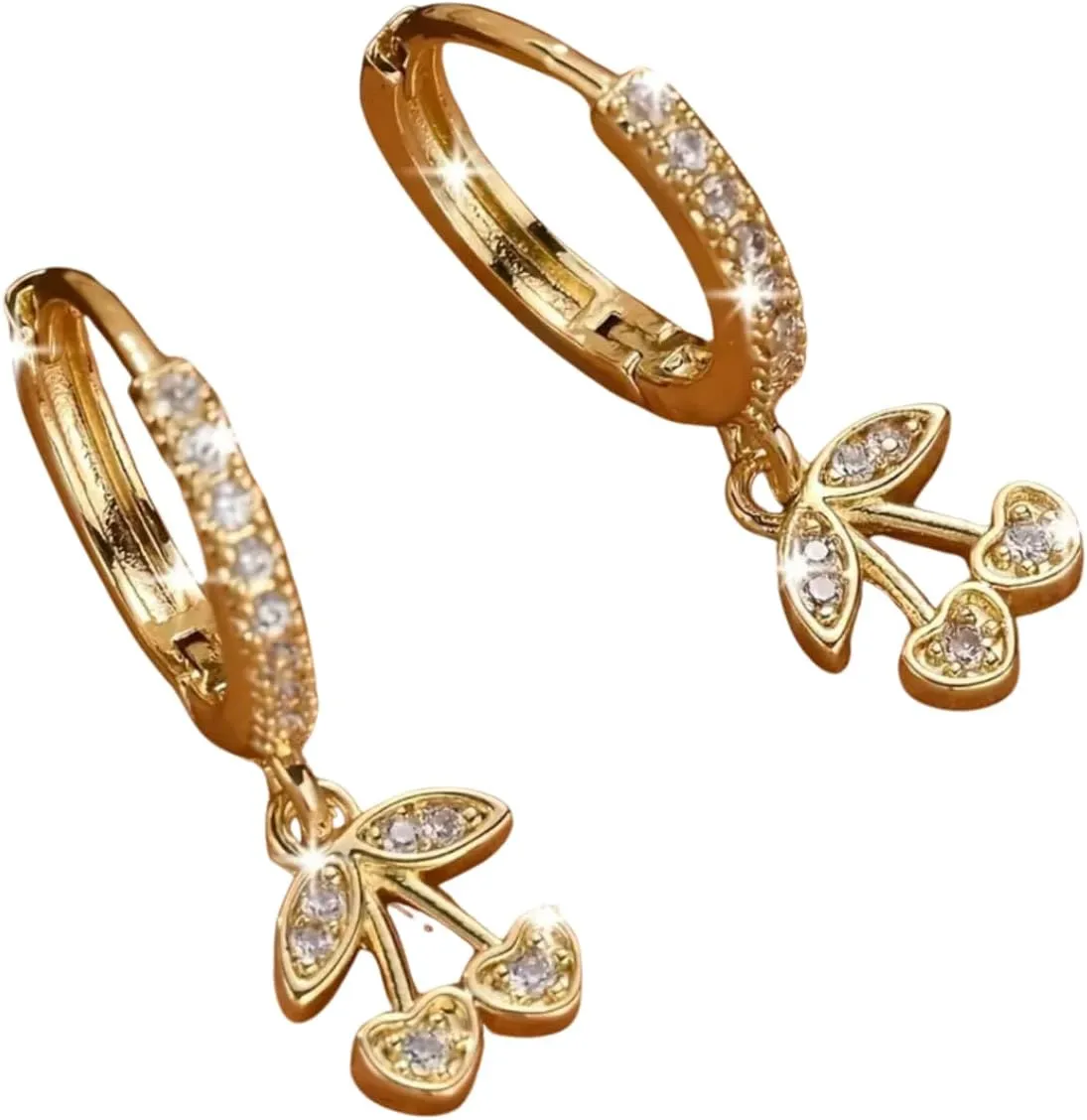 Crystal Cherry Drop Dangle Earrings, 18K Gold Plated, Rhinestone Hoop Huggie Style