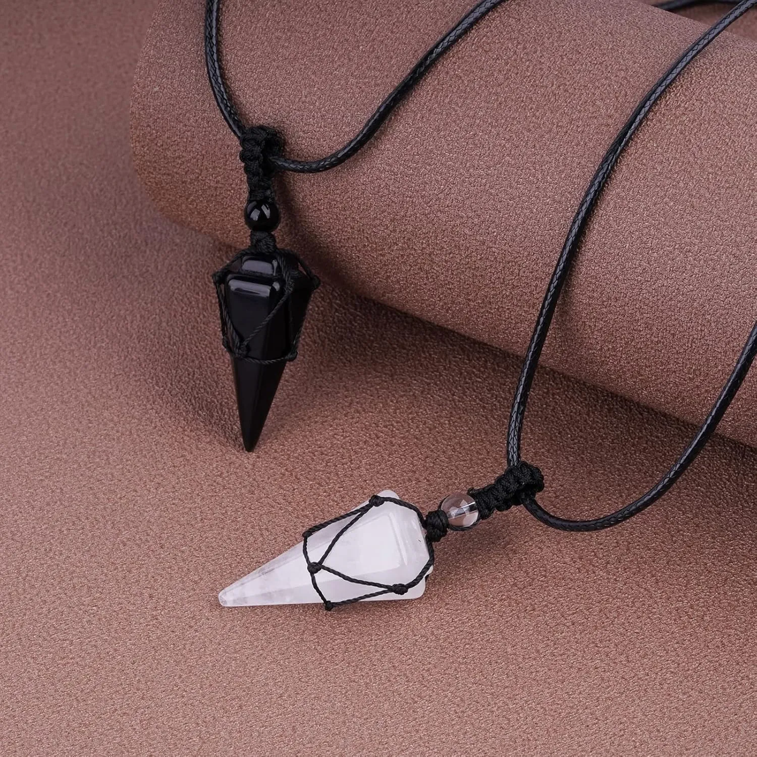 Crystal Necklace Reiki Healing Crystal Stone 6 Facet Pointed Pendant with Adjustable Rope Natural Quartz Gemstone Necklaces Jewelry for Women Men