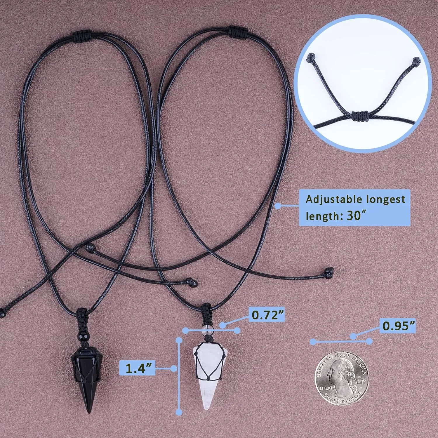 Crystal Necklace Reiki Healing Crystal Stone 6 Facet Pointed Pendant with Adjustable Rope Natural Quartz Gemstone Necklaces Jewelry for Women Men