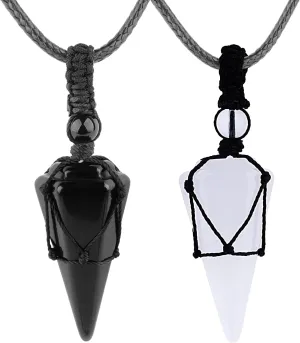 Crystal Necklace Reiki Healing Crystal Stone 6 Facet Pointed Pendant with Adjustable Rope Natural Quartz Gemstone Necklaces Jewelry for Women Men