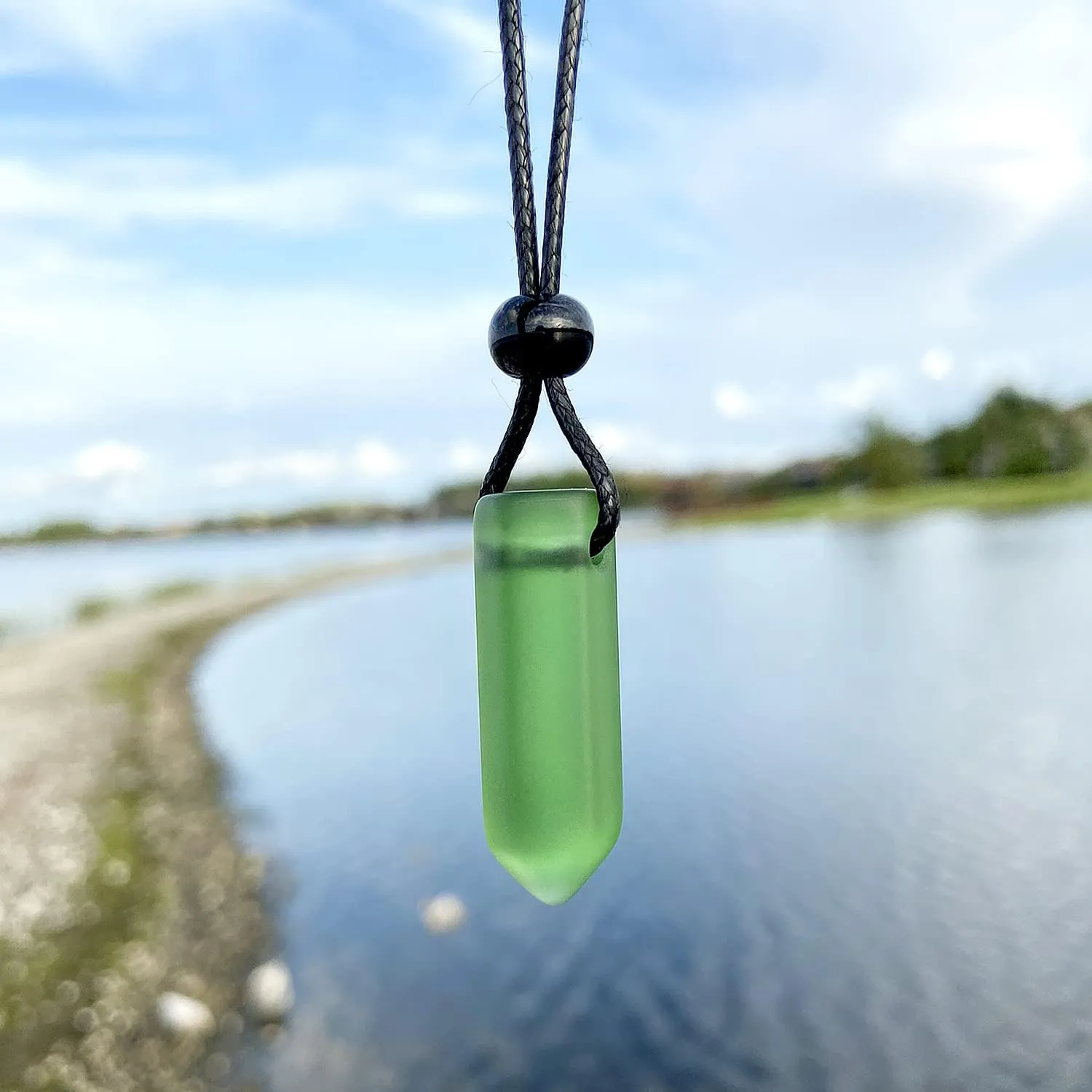 Crystal Point Pendant - Sea Glass Necklace - Spiritual Vibes Collection - Cute Meditation Jewelry Good Luck and Protection Amulets - Trendy Wand Lucky Charms - Adjustable Cord