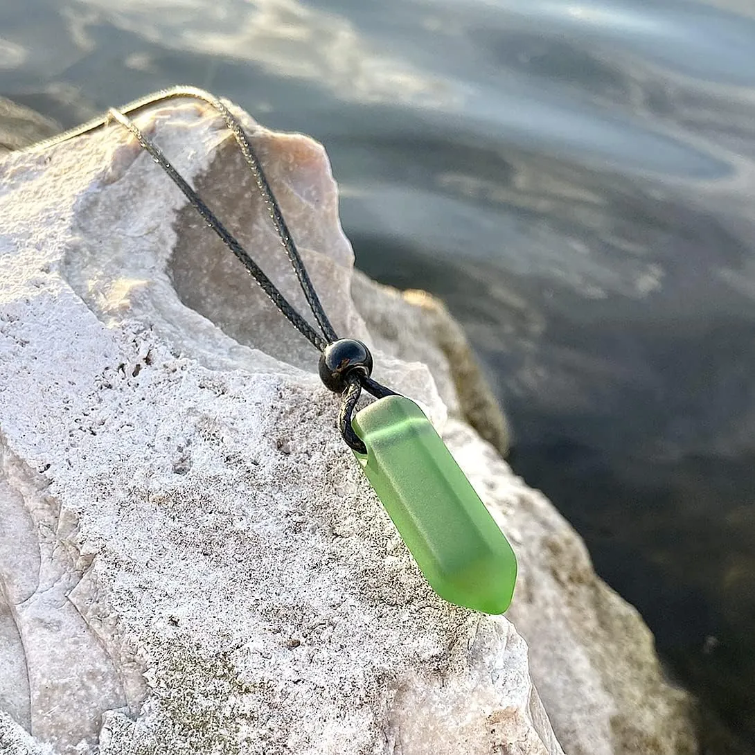 Crystal Point Pendant - Sea Glass Necklace - Spiritual Vibes Collection - Cute Meditation Jewelry Good Luck and Protection Amulets - Trendy Wand Lucky Charms - Adjustable Cord