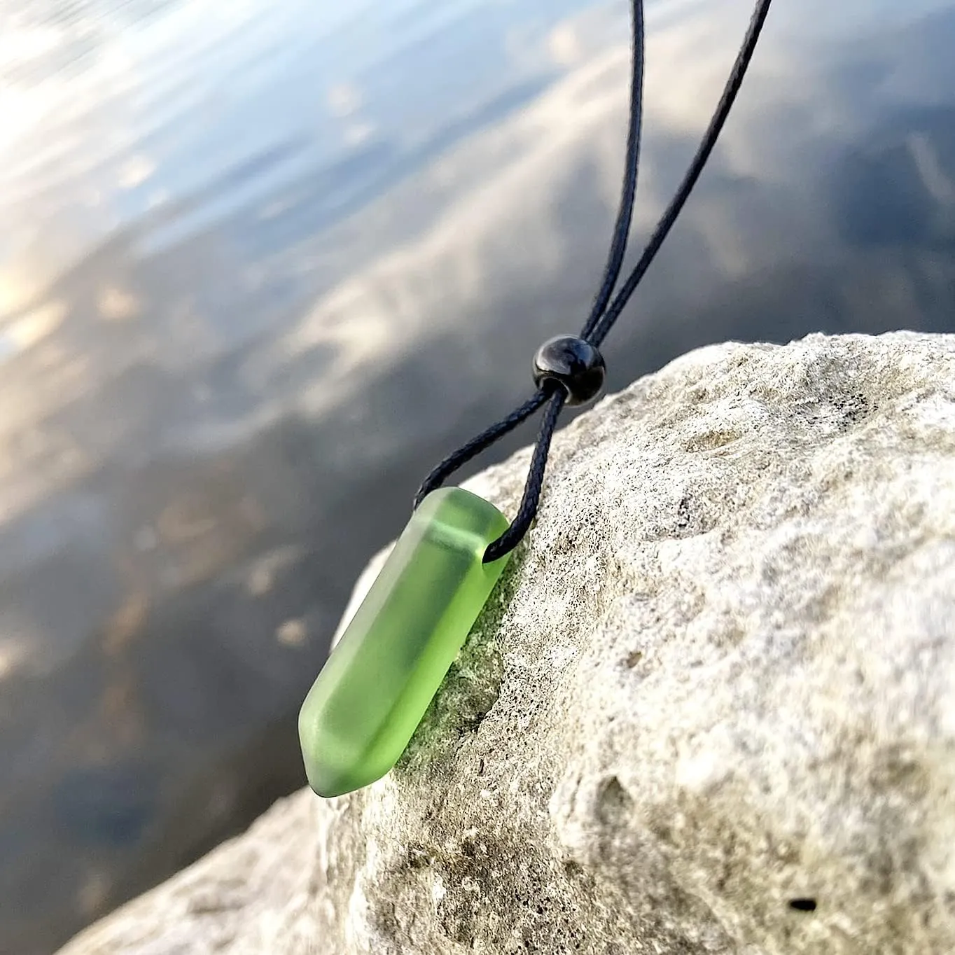 Crystal Point Pendant - Sea Glass Necklace - Spiritual Vibes Collection - Cute Meditation Jewelry Good Luck and Protection Amulets - Trendy Wand Lucky Charms - Adjustable Cord