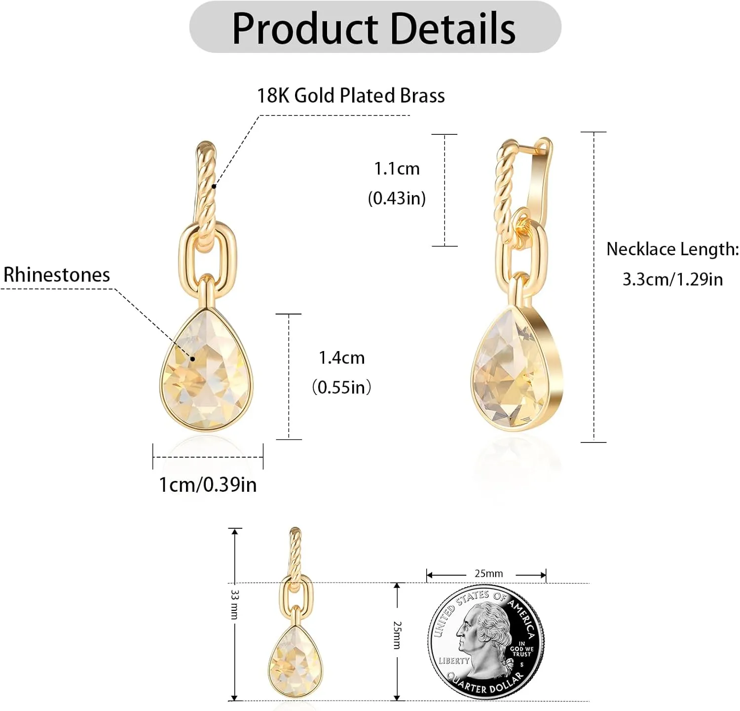 Crystals Teardrop Dangle Drop Earrings, 18K Gold Plated Hoop Earrings Zirconia Jewelry for Women Gifts