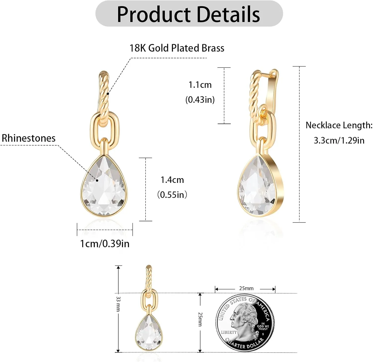 Crystals Teardrop Dangle Drop Earrings, 18K Gold Plated Hoop Earrings Zirconia Jewelry for Women Gifts