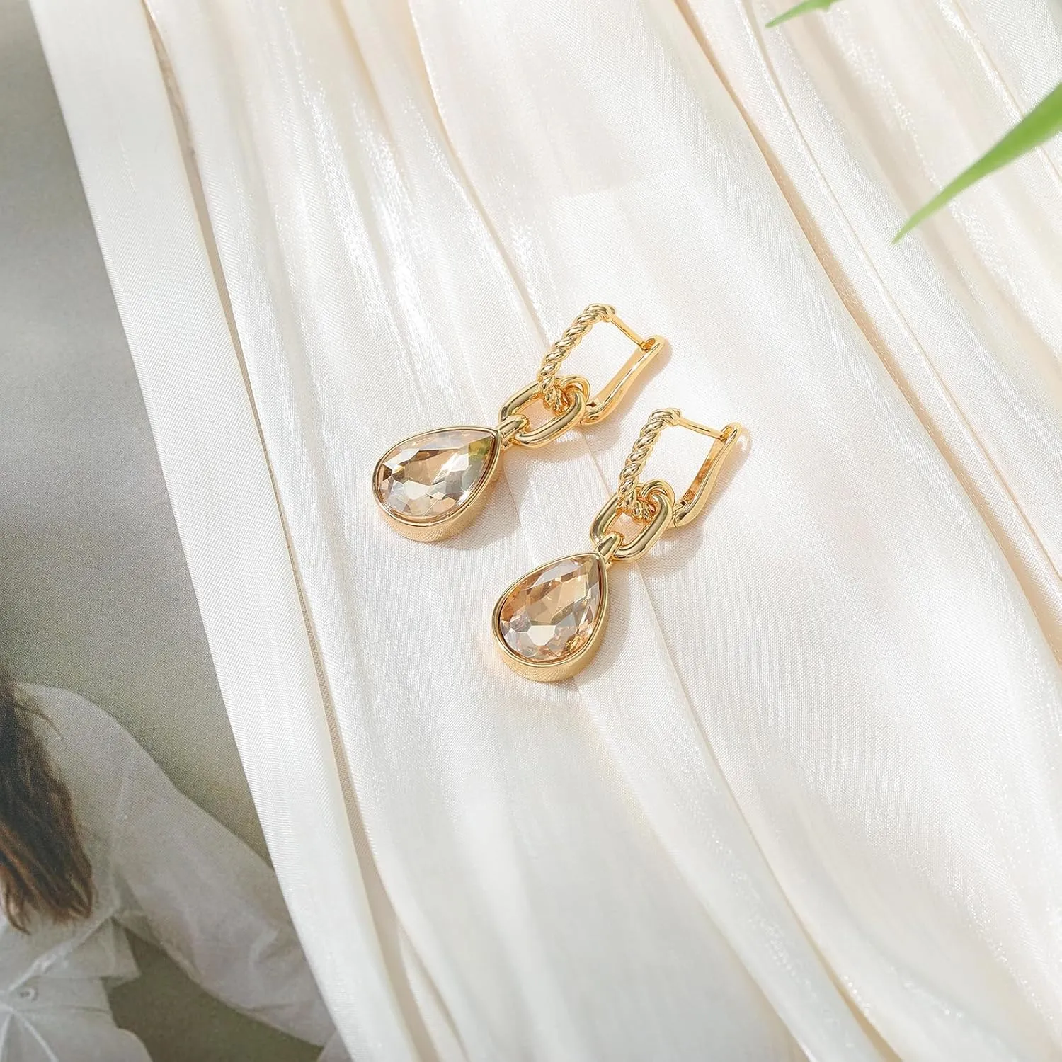 Crystals Teardrop Dangle Drop Earrings, 18K Gold Plated Hoop Earrings Zirconia Jewelry for Women Gifts