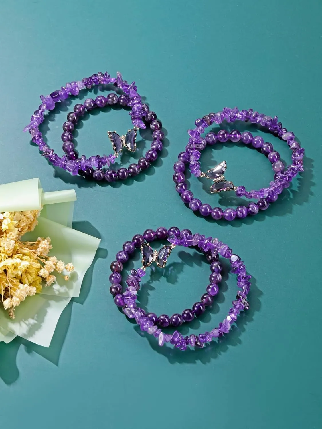 CrystalTears Crystal Bracelets for Women 2pcs Natural Healing Gemstone Beaded Bracelet Butterfly Charms Stone Layered Bracelet Gifts Women