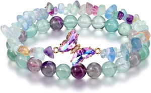 CrystalTears Crystal Bracelets for Women 2pcs Natural Healing Gemstone Beaded Bracelet Butterfly Charms Stone Layered Bracelet Gifts Women