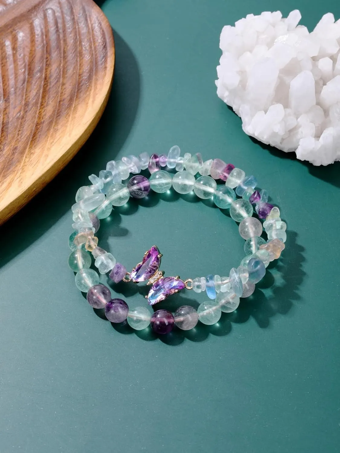 CrystalTears Crystal Bracelets for Women 2pcs Natural Healing Gemstone Beaded Bracelet Butterfly Charms Stone Layered Bracelet Gifts Women