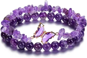 CrystalTears Crystal Bracelets for Women 2pcs Natural Healing Gemstone Beaded Bracelet Butterfly Charms Stone Layered Bracelet Gifts Women
