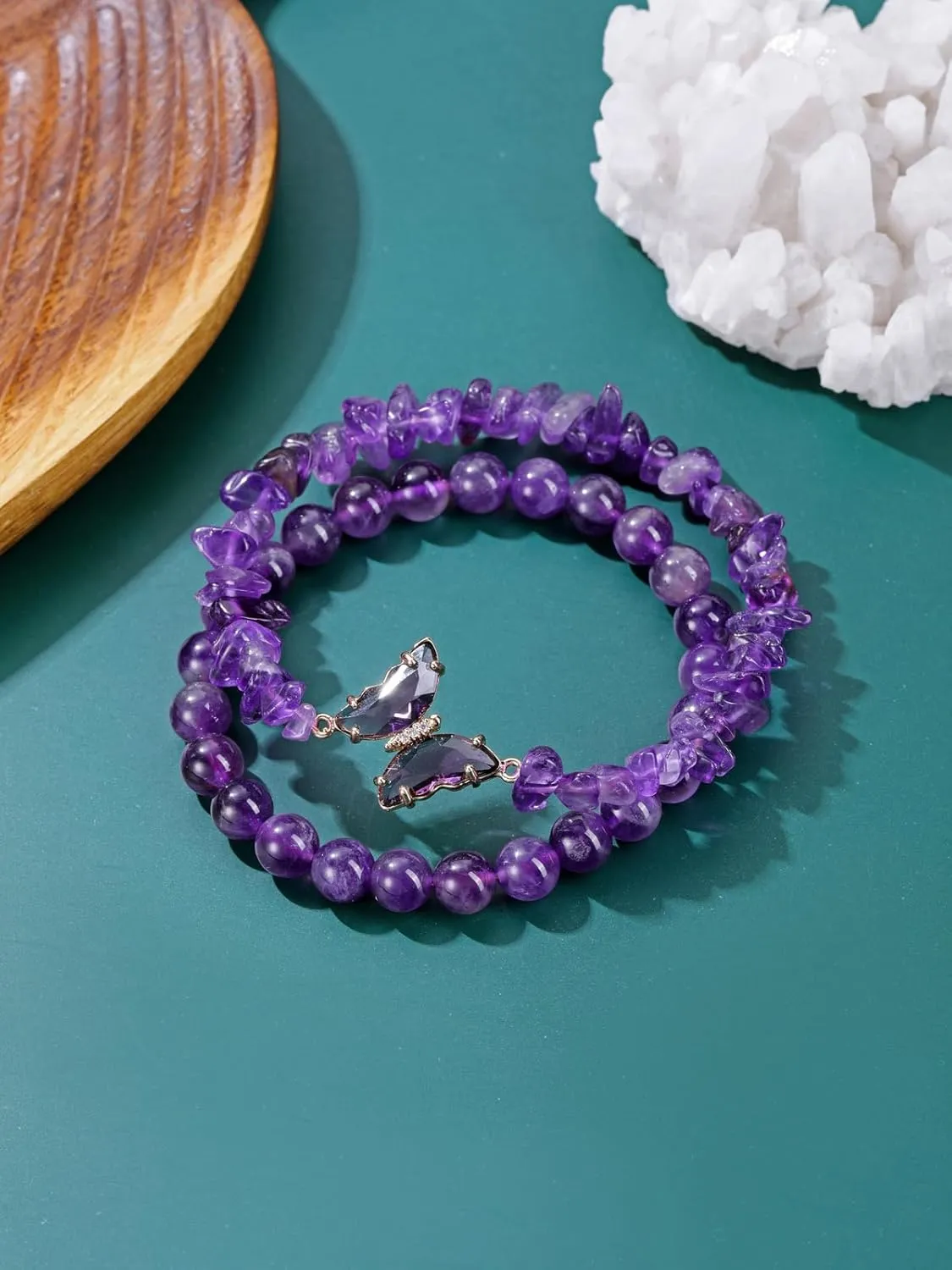 CrystalTears Crystal Bracelets for Women 2pcs Natural Healing Gemstone Beaded Bracelet Butterfly Charms Stone Layered Bracelet Gifts Women