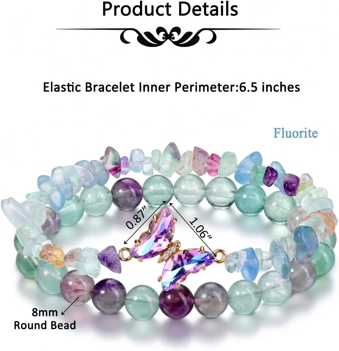 CrystalTears Crystal Bracelets for Women 2pcs Natural Healing Gemstone Beaded Bracelet Butterfly Charms Stone Layered Bracelet Gifts Women