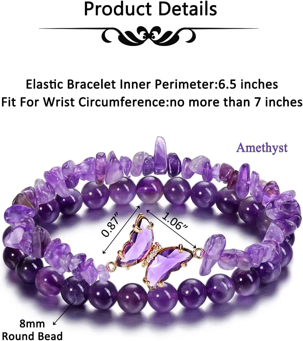 CrystalTears Crystal Bracelets for Women 2pcs Natural Healing Gemstone Beaded Bracelet Butterfly Charms Stone Layered Bracelet Gifts Women