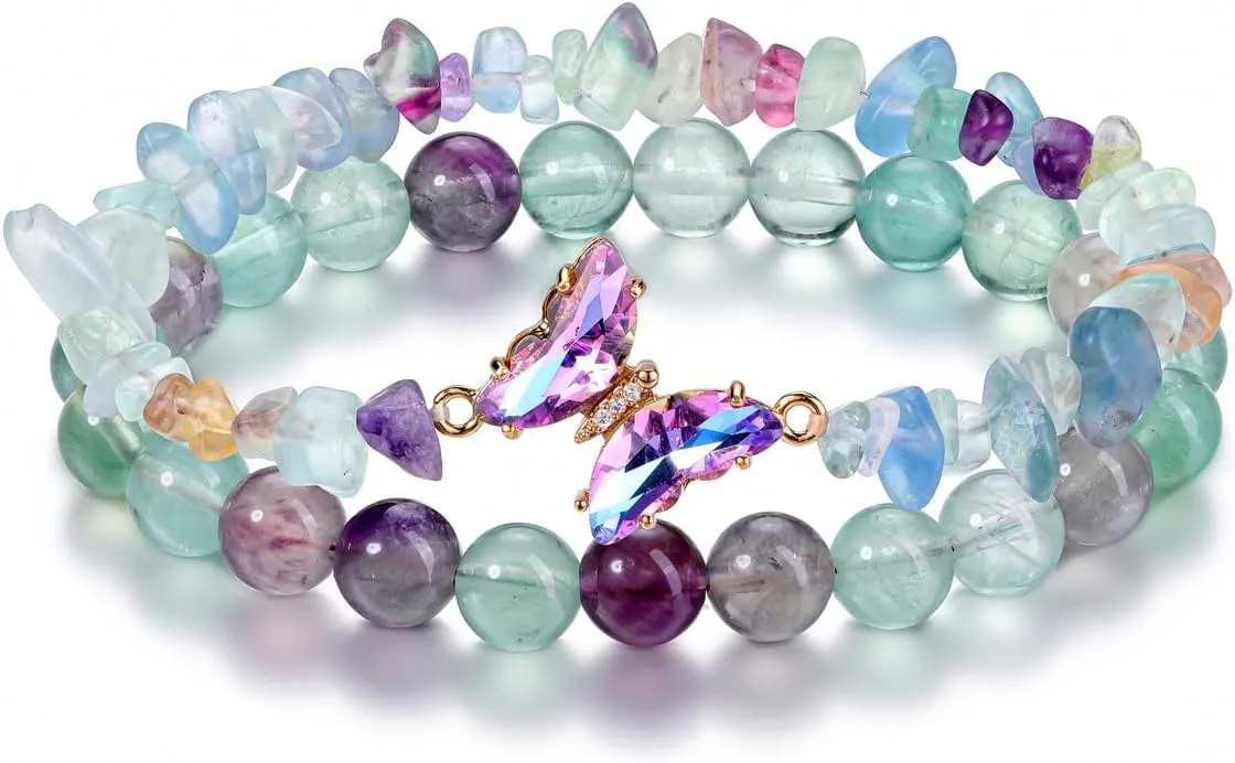 CrystalTears Crystal Bracelets for Women 2pcs Natural Healing Gemstone Beaded Bracelet Butterfly Charms Stone Layered Bracelet Gifts Women
