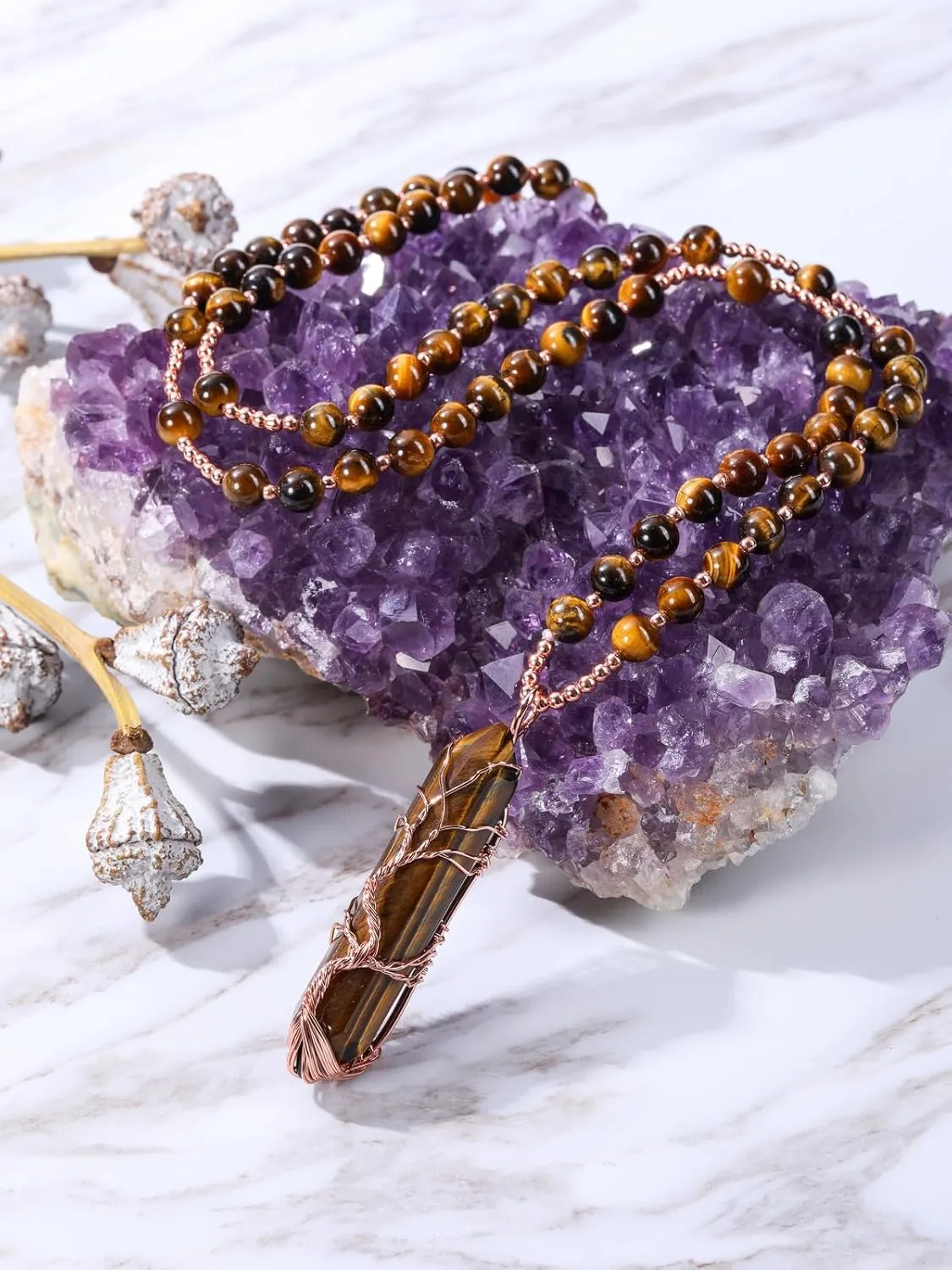 CrystalTears Healing Crystal Necklace for Women Tree Life Wire Wrapped Quartz Crystal Point Stone Pendant Necklace Gemstone Beaded Necklace Jewelry Crystal Gifts for Women Mom