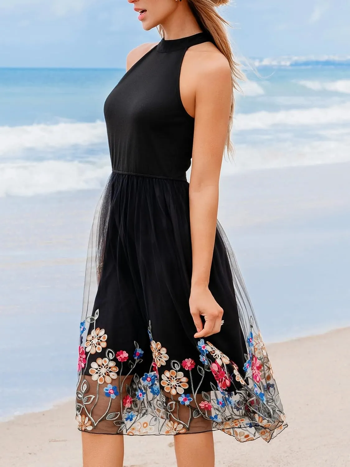 CUPSHE Women's Summer Halter Neck Sleeveless Floral Embroidered Mini Dress Cocktail Prom Party Tulle Dress