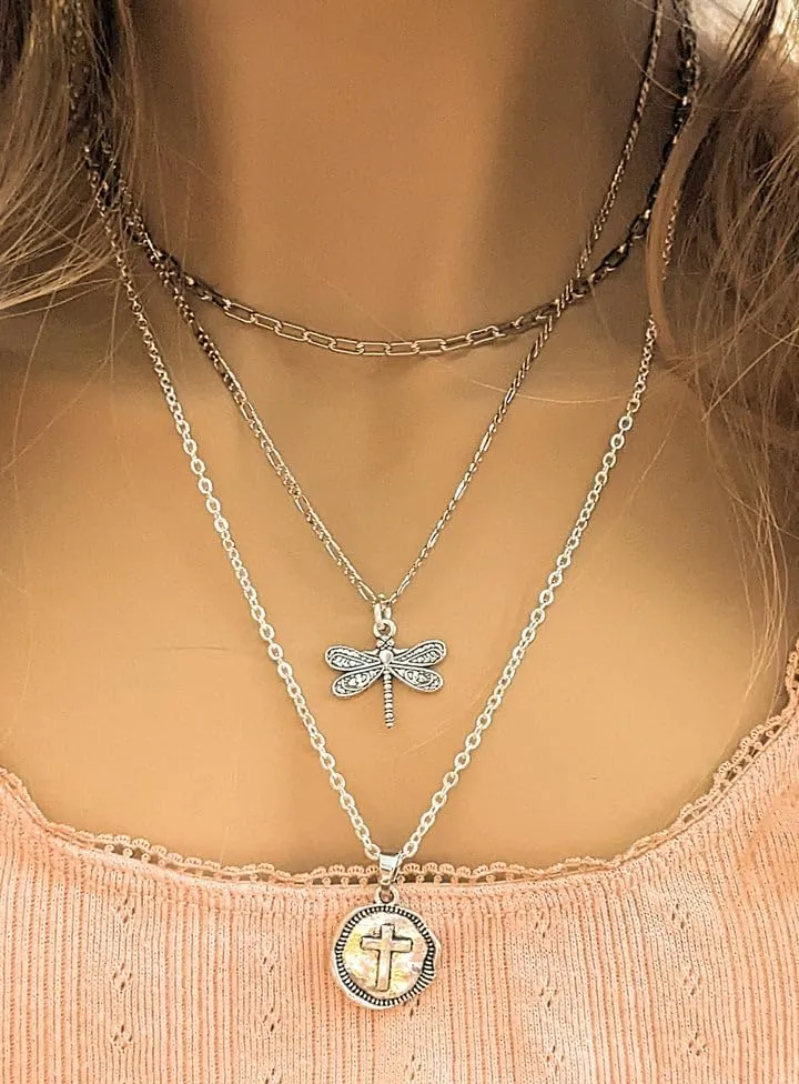 CZ Flower/Dragonfly Layered Necklace Set - Silver (Small 16 inch-18 inch-20 inch, CZ Purple Flower)