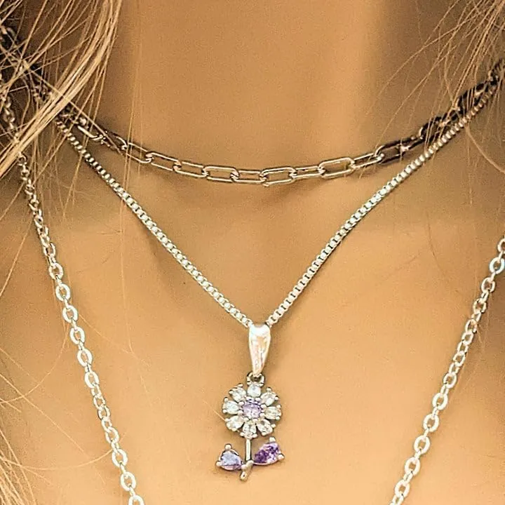 CZ Flower/Dragonfly Layered Necklace Set - Silver (Small 16 inch-18 inch-20 inch, CZ Purple Flower)