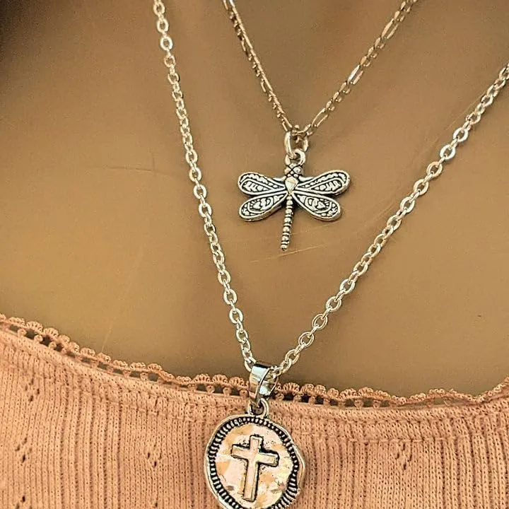 CZ Flower/Dragonfly Layered Necklace Set - Silver (Small 16 inch-18 inch-20 inch, CZ Purple Flower)