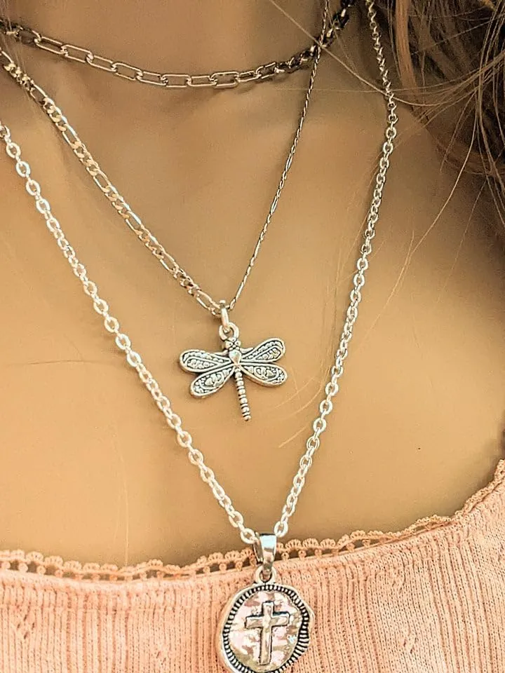 CZ Flower/Dragonfly Layered Necklace Set - Silver (Small 16 inch-18 inch-20 inch, CZ Purple Flower)