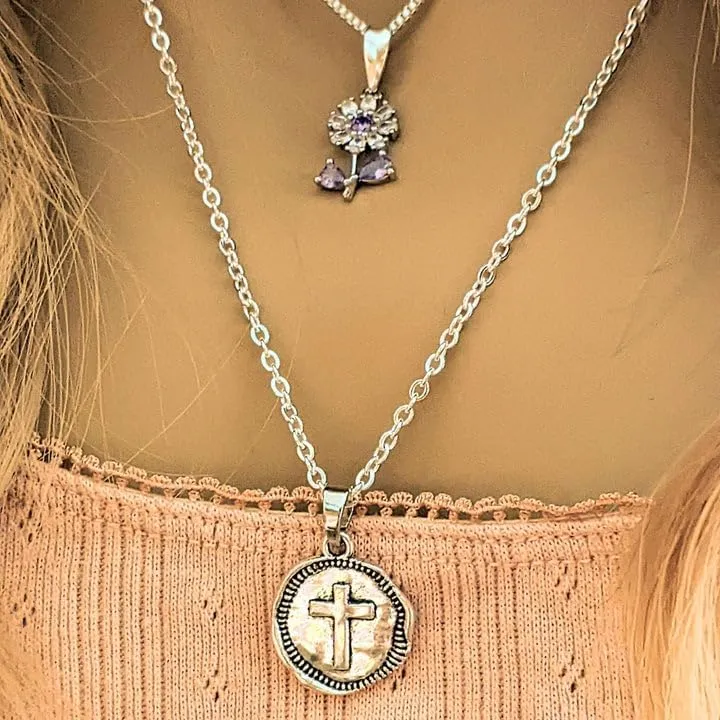 CZ Flower/Dragonfly Layered Necklace Set - Silver (Small 16 inch-18 inch-20 inch, CZ Purple Flower)