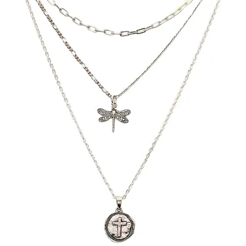CZ Flower/Dragonfly Layered Necklace Set - Silver (Small 16 inch-18 inch-20 inch, CZ Purple Flower)