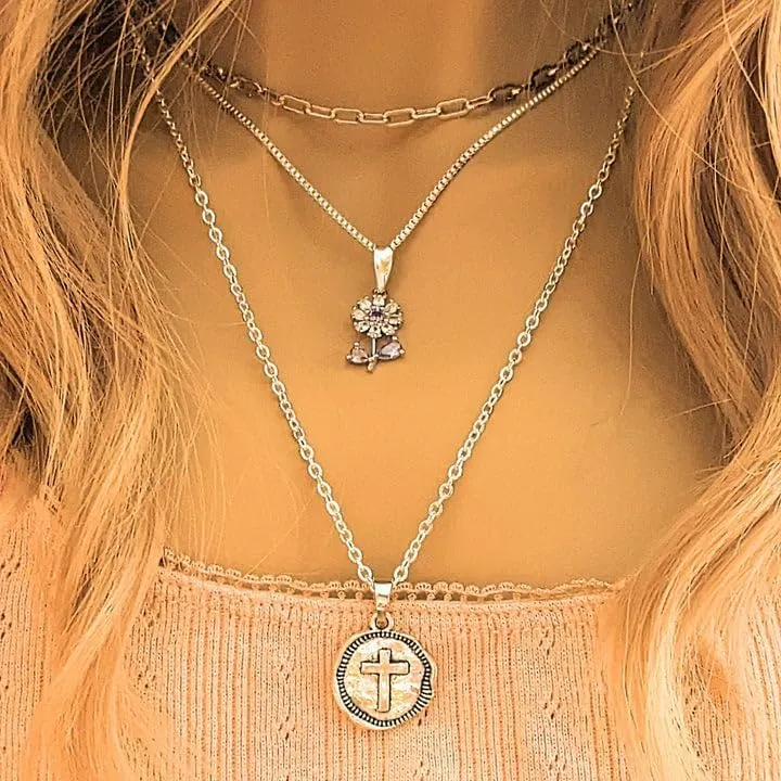 CZ Flower/Dragonfly Layered Necklace Set - Silver (Small 16 inch-18 inch-20 inch, CZ Purple Flower)