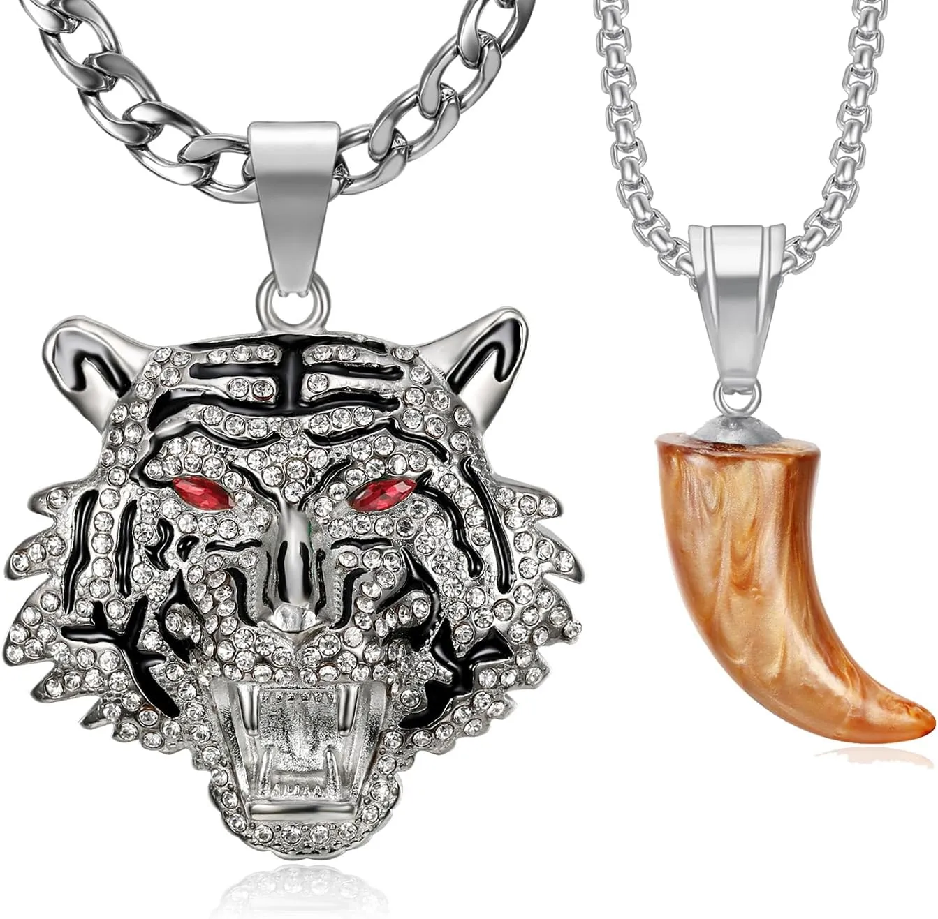 CZ Fully Roaring Tiger Head With Green Red Eyes Pendant Punk Rock Stainless Steel Necklace, 24 Inch 7mm Chain For Men Hip Hop Animal Jewelry-I'm the King