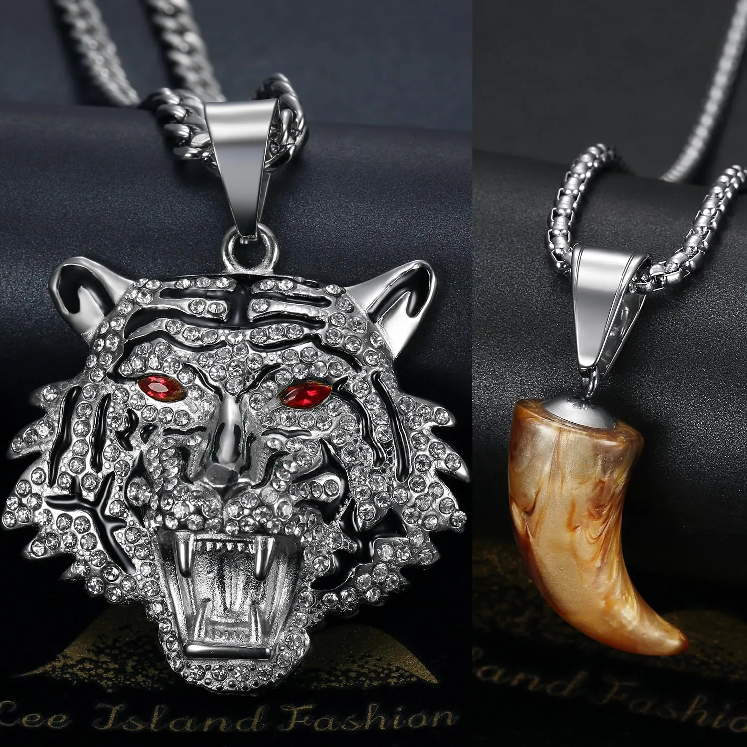 CZ Fully Roaring Tiger Head With Green Red Eyes Pendant Punk Rock Stainless Steel Necklace, 24 Inch 7mm Chain For Men Hip Hop Animal Jewelry-I'm the King