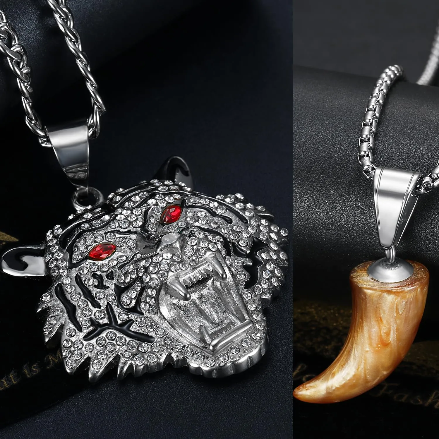 CZ Fully Roaring Tiger Head With Green Red Eyes Pendant Punk Rock Stainless Steel Necklace, 24 Inch 7mm Chain For Men Hip Hop Animal Jewelry-I'm the King