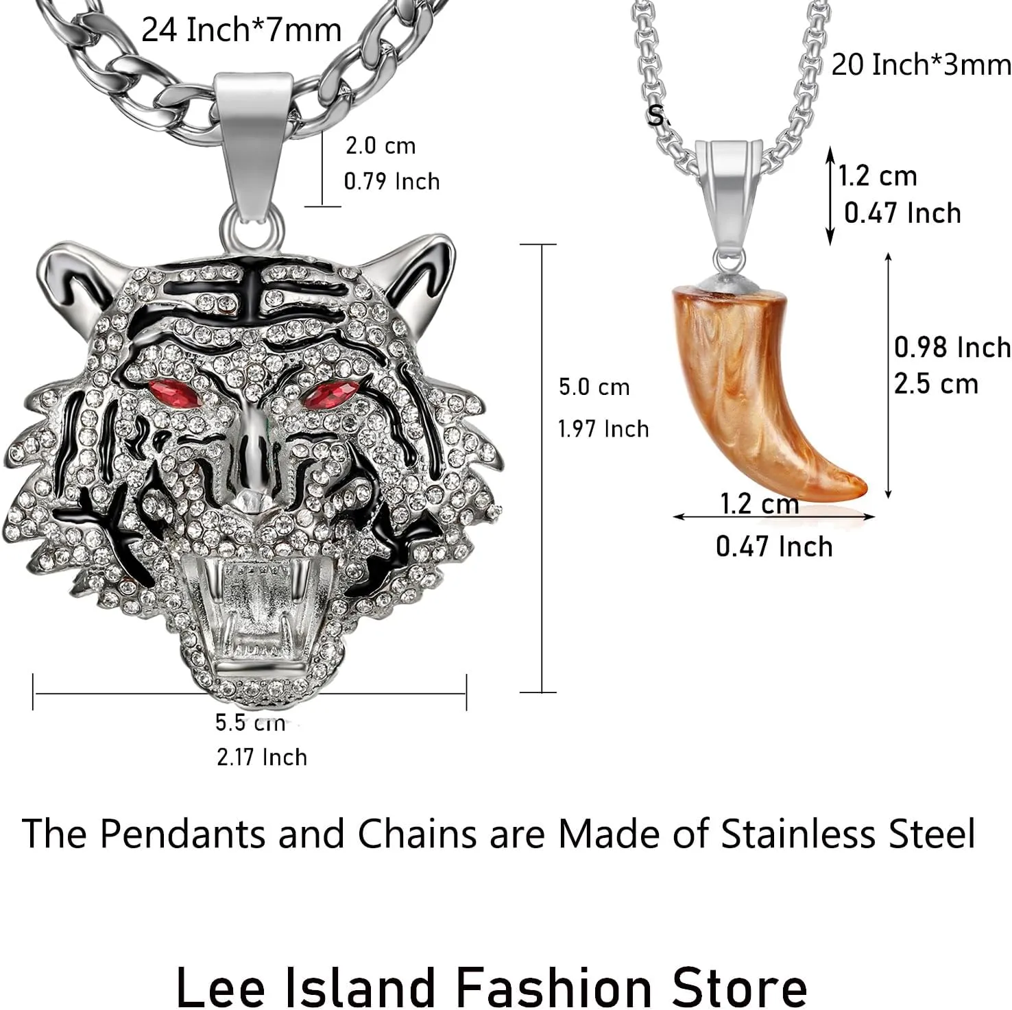 CZ Fully Roaring Tiger Head With Green Red Eyes Pendant Punk Rock Stainless Steel Necklace, 24 Inch 7mm Chain For Men Hip Hop Animal Jewelry-I'm the King