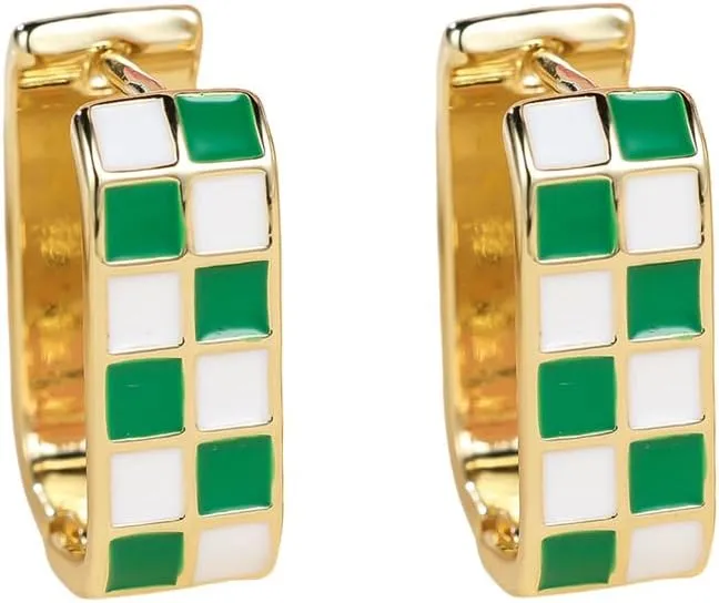 Dainty Checker Oval Hoop Earrings for Women Chunky 18k Gold Plated White Green Enamel Huggie Hoops Hypoallergenic Fashion Trendy Unique Jewelry for Her