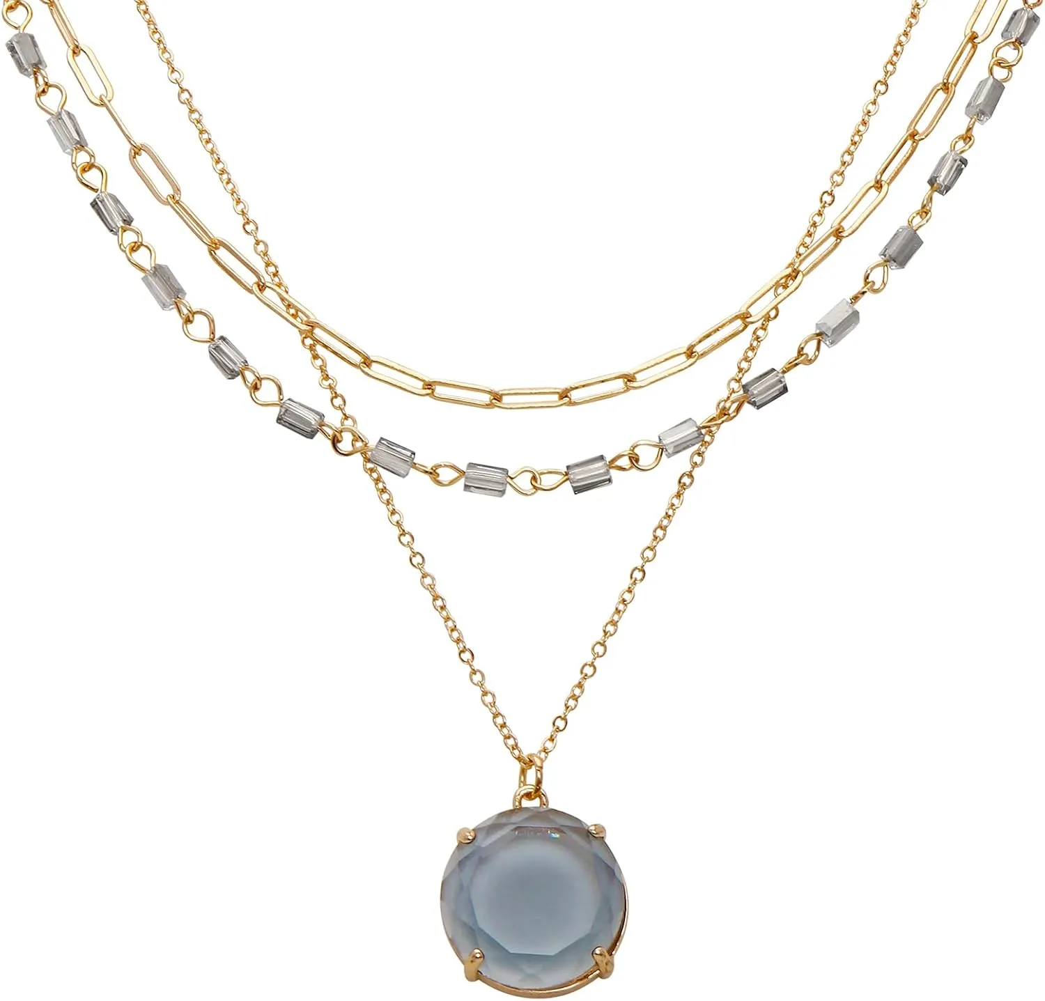 Dainty Layered Necklace for Women Trendy, 3 Layer 14K Gold Plated Paperclip Chain Necklace, Circular Crystal Pendant Collar Necklace