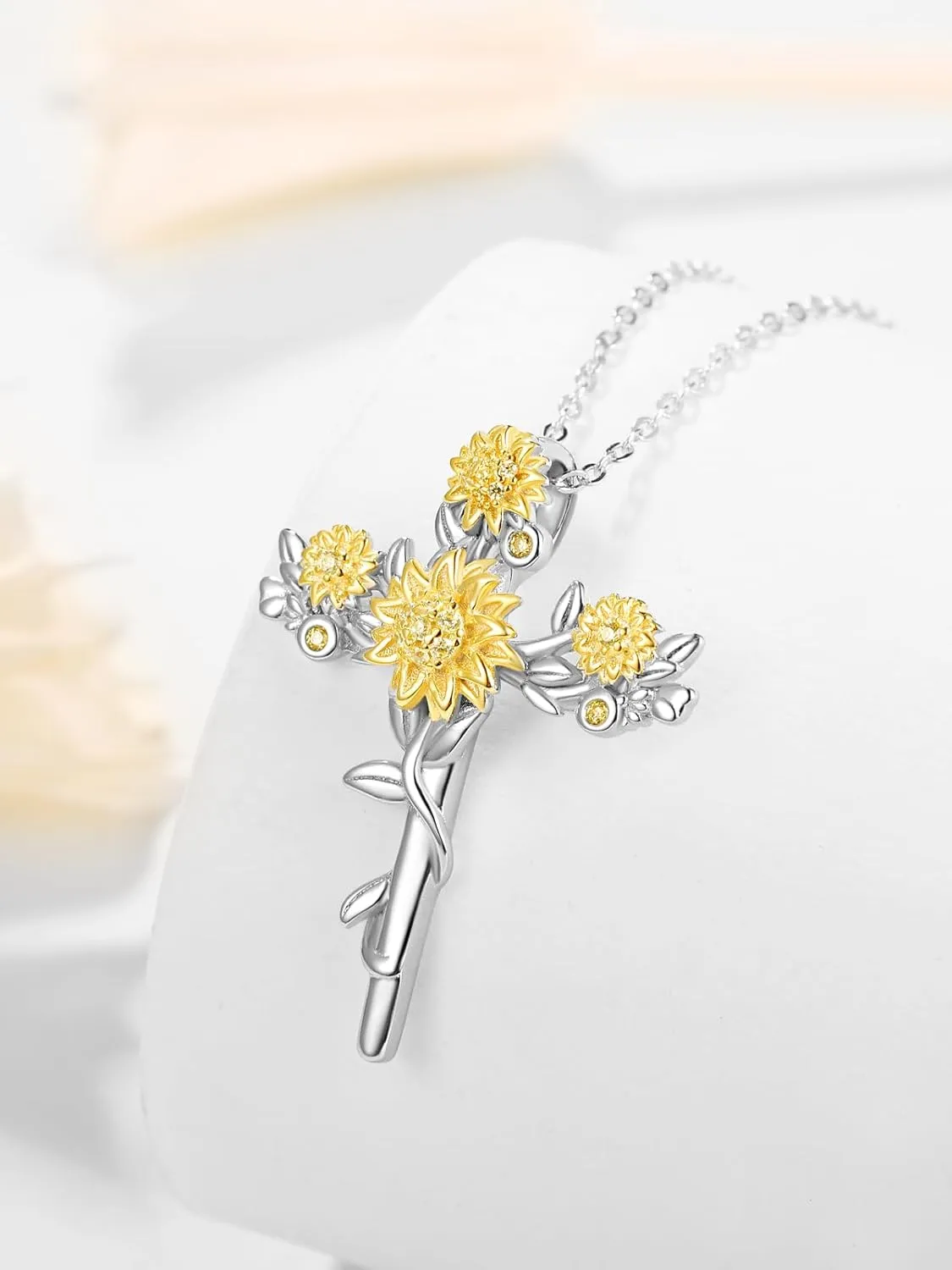 Daisy Sunflower Cross Pendant Necklace for Women 925 Sterling Silver Flower Jewelry Anniversaty Mother's Day Birthday Gifts for Her