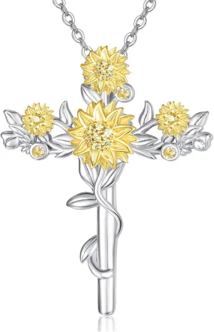 Daisy Sunflower Cross Pendant Necklace for Women 925 Sterling Silver Flower Jewelry Anniversaty Mother's Day Birthday Gifts for Her