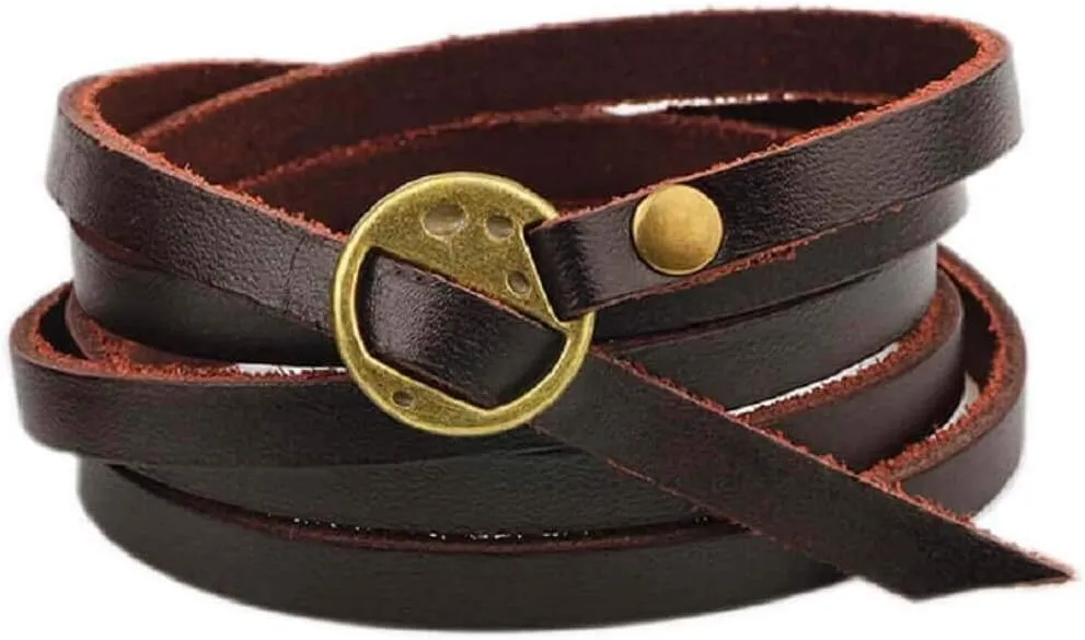 Dark Brown Leather Wrap Around Multi-Layered Bracelet Wristband For Men And Women, Genuine Leather Fully Adjustable