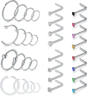 D.Bella 18G Nose Rings for Women Nose Rings Studs Stainless Steel L-Shaped Nose Studs Screw Nose Piercing Jewelry