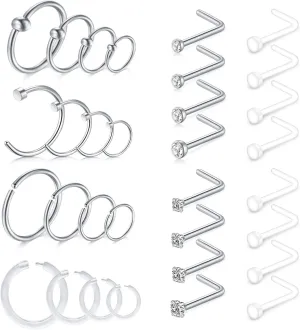 D.Bella Nose Rings 10Pcs 18G Nose Screw Rings Studs Surgical Steel Piercing Jewelry 2mm Clear CZ Silver