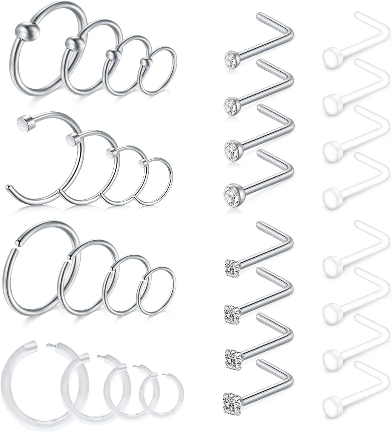 D.Bella Nose Rings 10Pcs 18G Nose Screw Rings Studs Surgical Steel Piercing Jewelry 2mm Clear CZ Silver