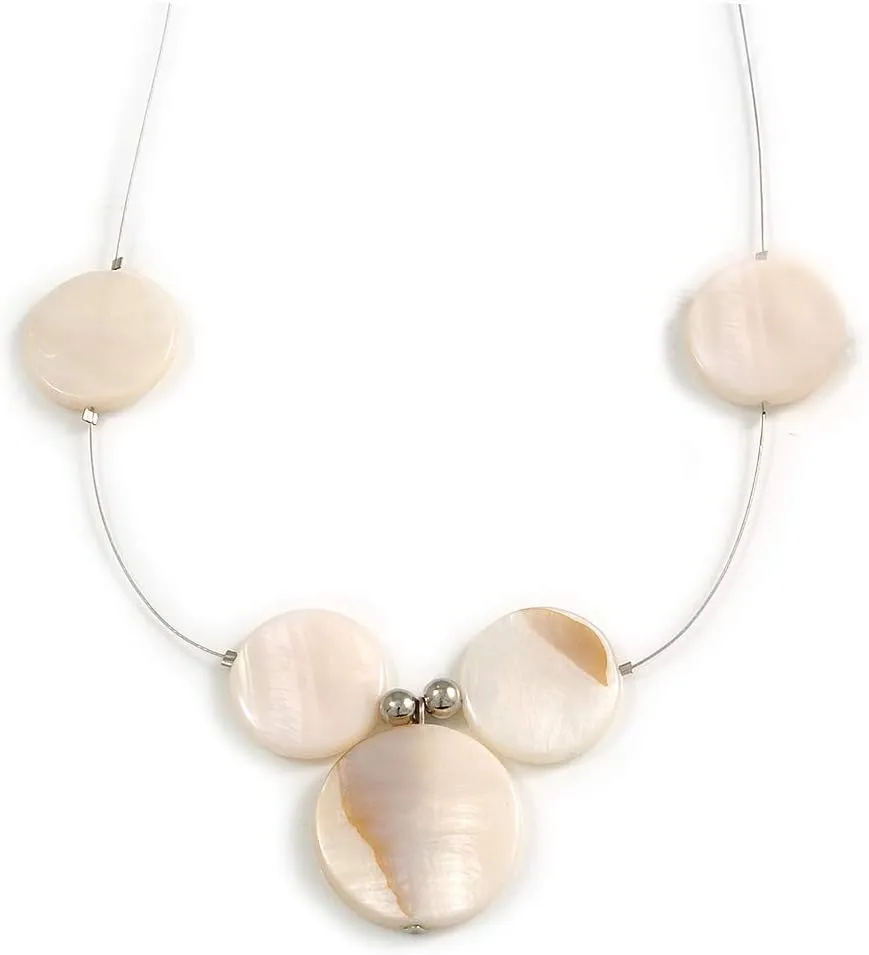 Delicate Floating Off White Shell Bead Wire Necklace in Silver Tone - 44cm L